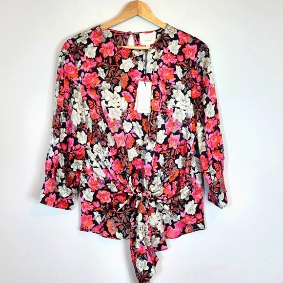 Cinq à Sept Floral Tie-Front Blouse - Pink and White - Picture 5 of 12